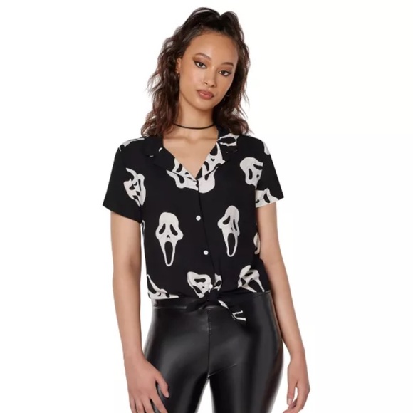 Ghost Face Button Up Tie Down Top Medium - Picture 2 of 3